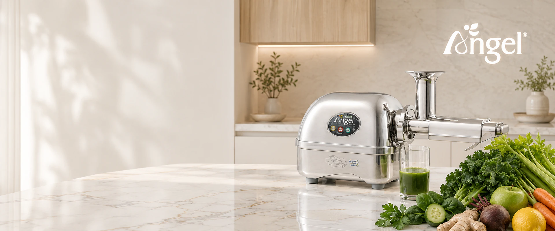 Angel Juicer 8500S auf heller Küchenarbeitsplatte mit Glas frischem Grünsaft