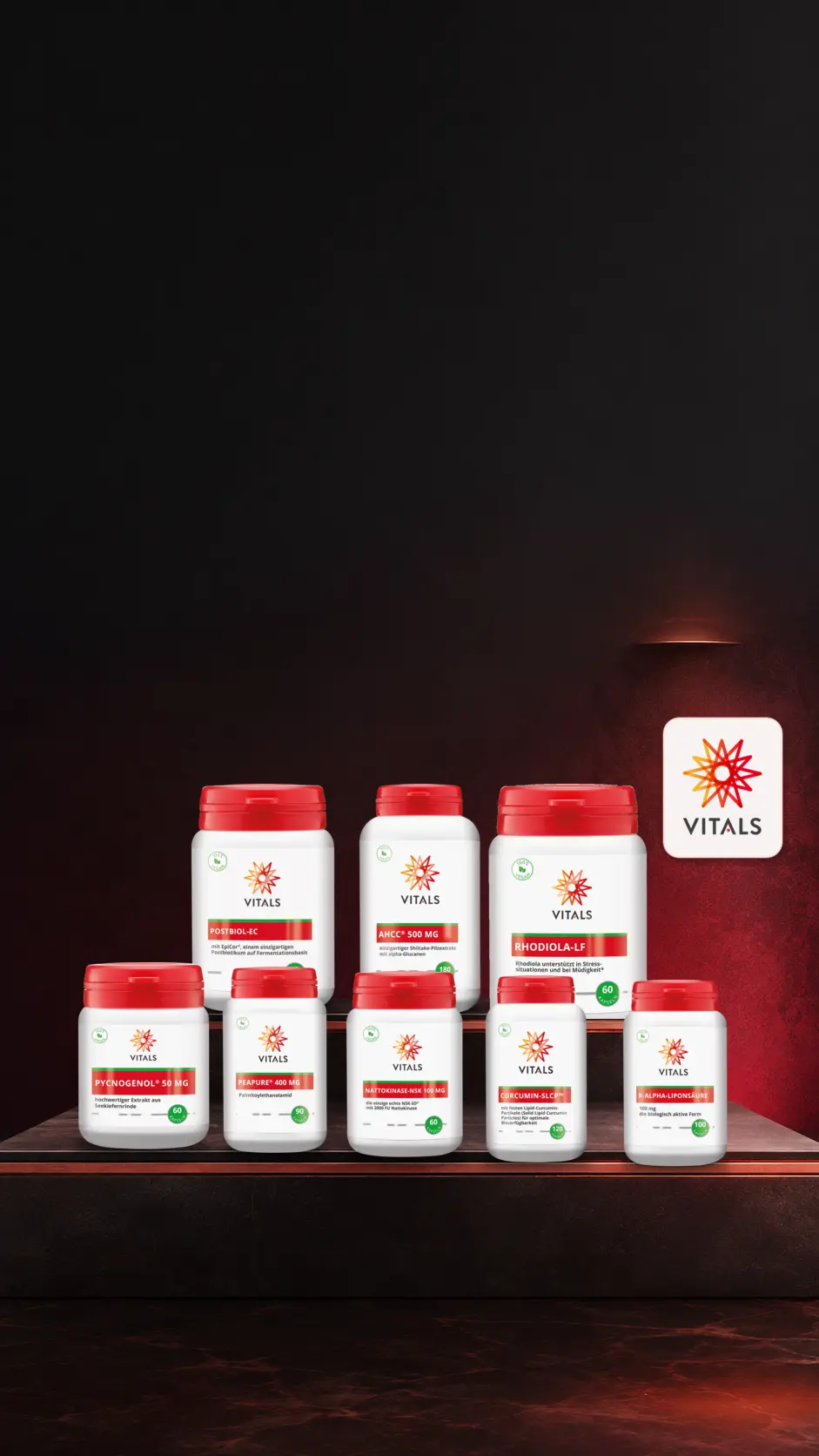 Vitals Supplements Auswahl auf dunklem Marmor – Pycnogenol, PeaPure, Nattokinase, AHCC und weitere