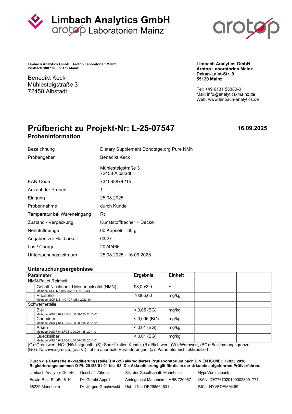 DoNotAge Pure NMN Prüfbericht L-25-07547 - Unabhängiger Labortest September 2025 DoNotAge NMN Labortest Prüfbericht Seite 1 - Limbach Analytics DAkkS akkreditiert 98% Reinheit 555mg pro Kapsel Schwermetalle frei